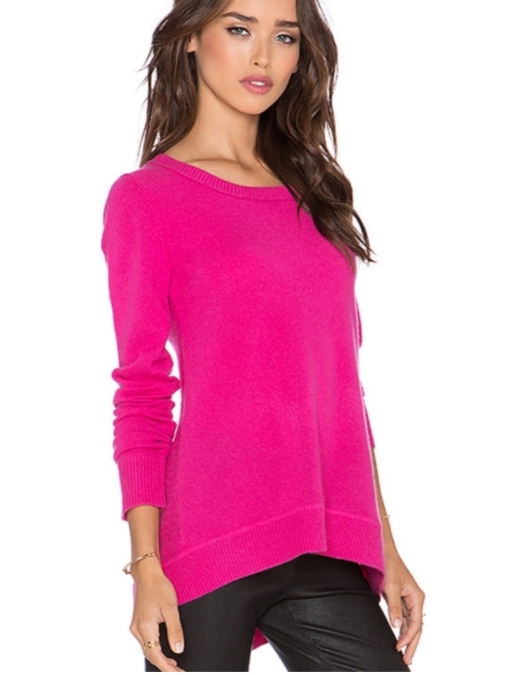 Diane von Furstenberg 100% Cashmere Kingston Hot Pink Fuchsia High-Low Sweater L
